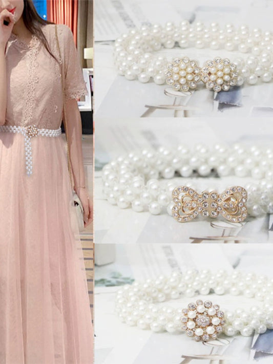 Women's Pearl Elastic Rhinestone Hanfu Waist Dress