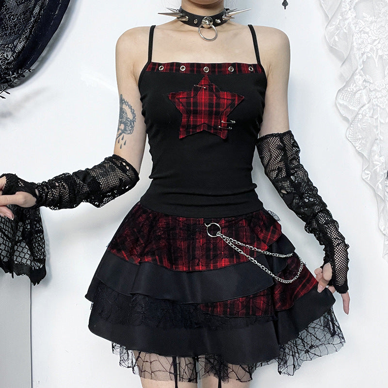 AltGoth Streetwear Y2k Camis Women Aesthetic Mall Goth Red Plaid Pentagram Patchwork Crop Tank Tops Harajuku Cyber Punk Clothes