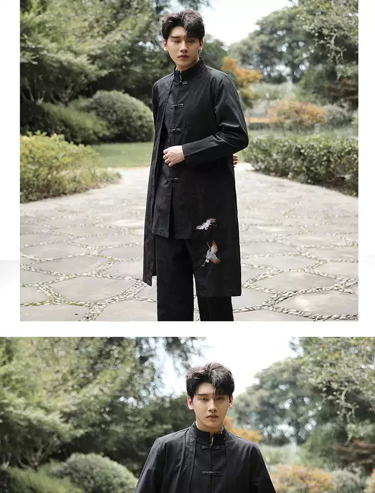 Xingzhi Chinese Style Men's Clothing Ancient Style Han Chinese Clothing Long Trench Coat Men Tang Suit Cotton Linen Cloak Buckle Robe Overcoat outside Viralgem Store