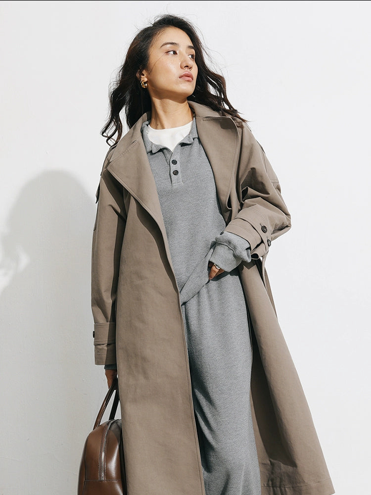 Women's Spring Clothing Fashion Gray Coffee Color Loose Shoulder Ins Style Minimalist Casual Very Wide Long Trench Coat