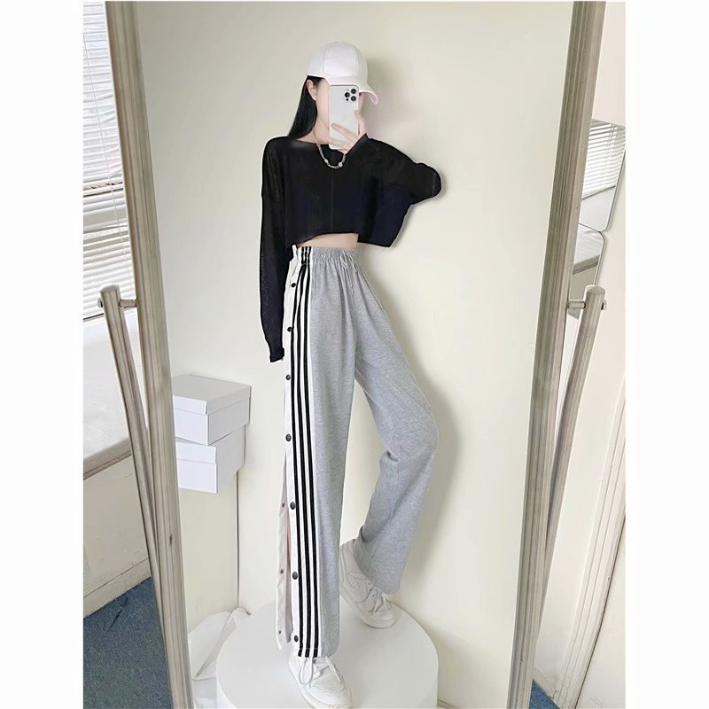Y2K Style Wide Leg Pants for Women, Straight Trousers, High Street Casual, Loose Side Button Sweatpants, Vintage Streetwear,2021