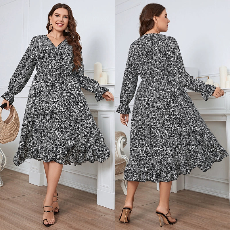 Vintage V-Neck Cinched Waist Long Sleeves Plus Size Dresses