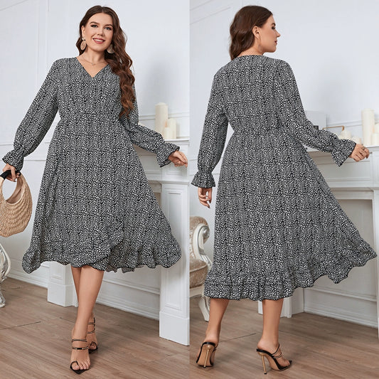 Vintage V-Neck Cinched Waist Long Sleeves Plus Size Dresses