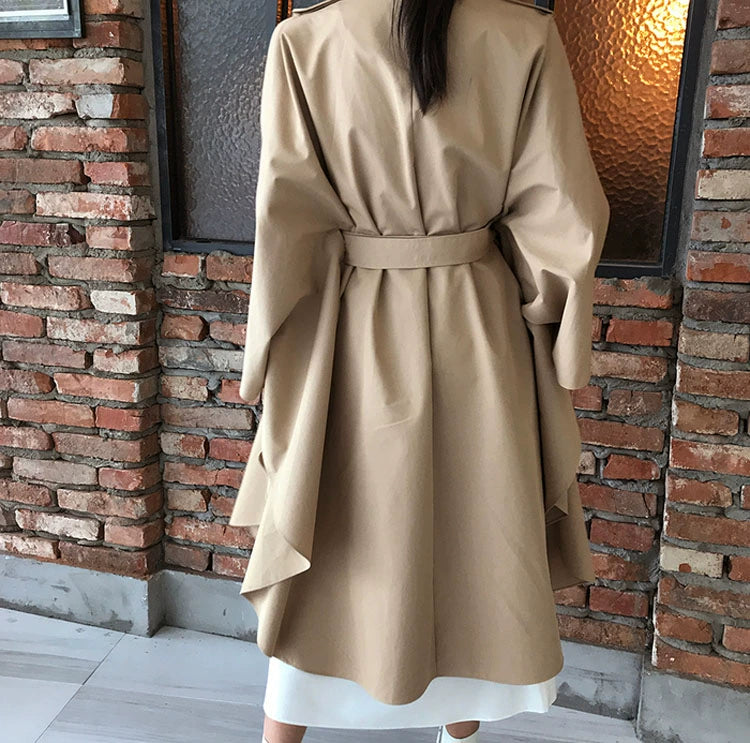 South Korea Genuine Goods Luxury Socialite Pure Color Double Breasted Lapel Lace-up Waist Cloak Shawl Long Trench Coat Large Nude Color Viralgem Store