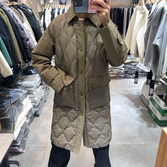 23 Winter Thickened New Duck down Diamond Lattice Mid Length Long Length Trench Coat down Jacket Trendy Loose Retro Warm Outwear Viralgem Store
