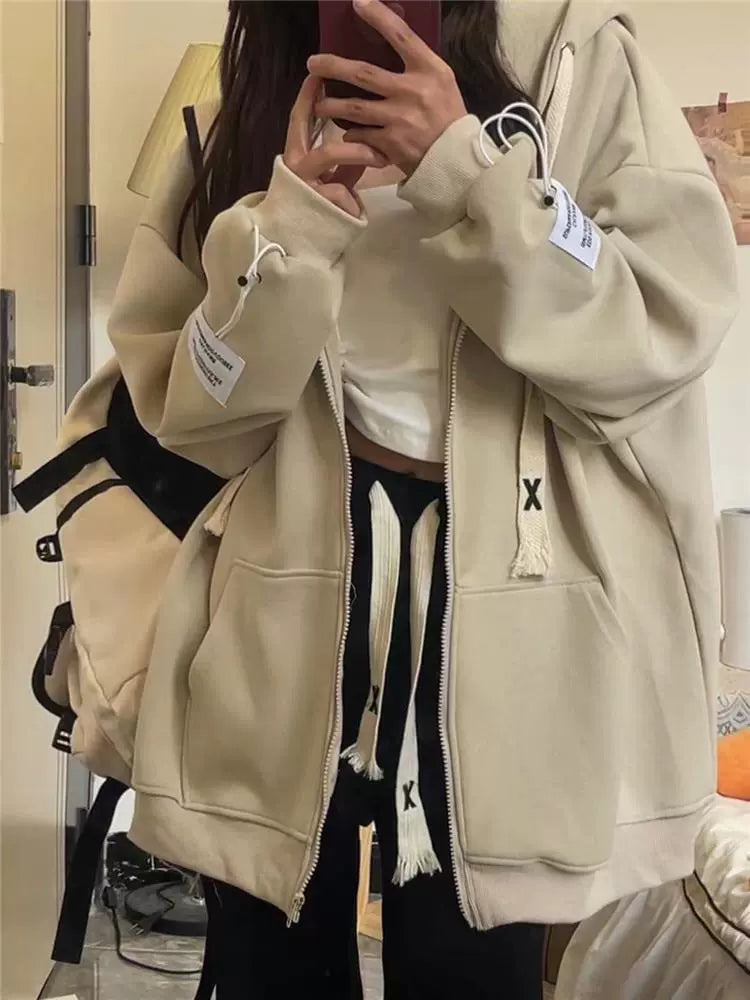 150.00kg Plus Size American Hooded Sweatshirt Female Plus Size Ladies Loose BF Idle Style Long-Sleeve Zipper Cardigan Outerwear Top