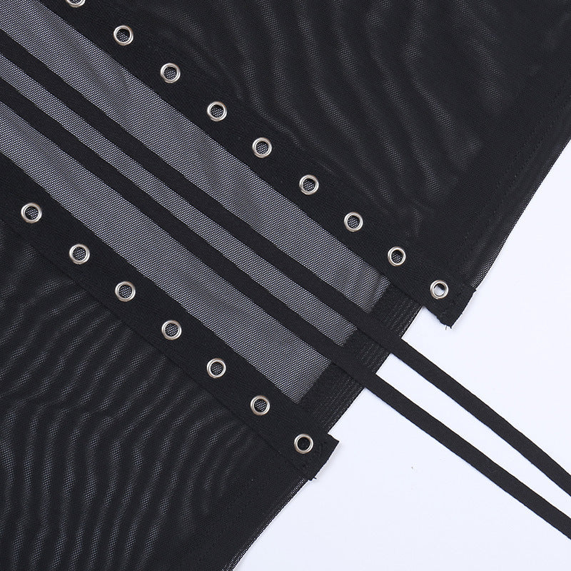 Yangelo Goth Grunge Skirt With Buckle Women Y2K Punk Sexy Bottoms Patchwork Split Long Skirts Summer Zipper See Through Clothes