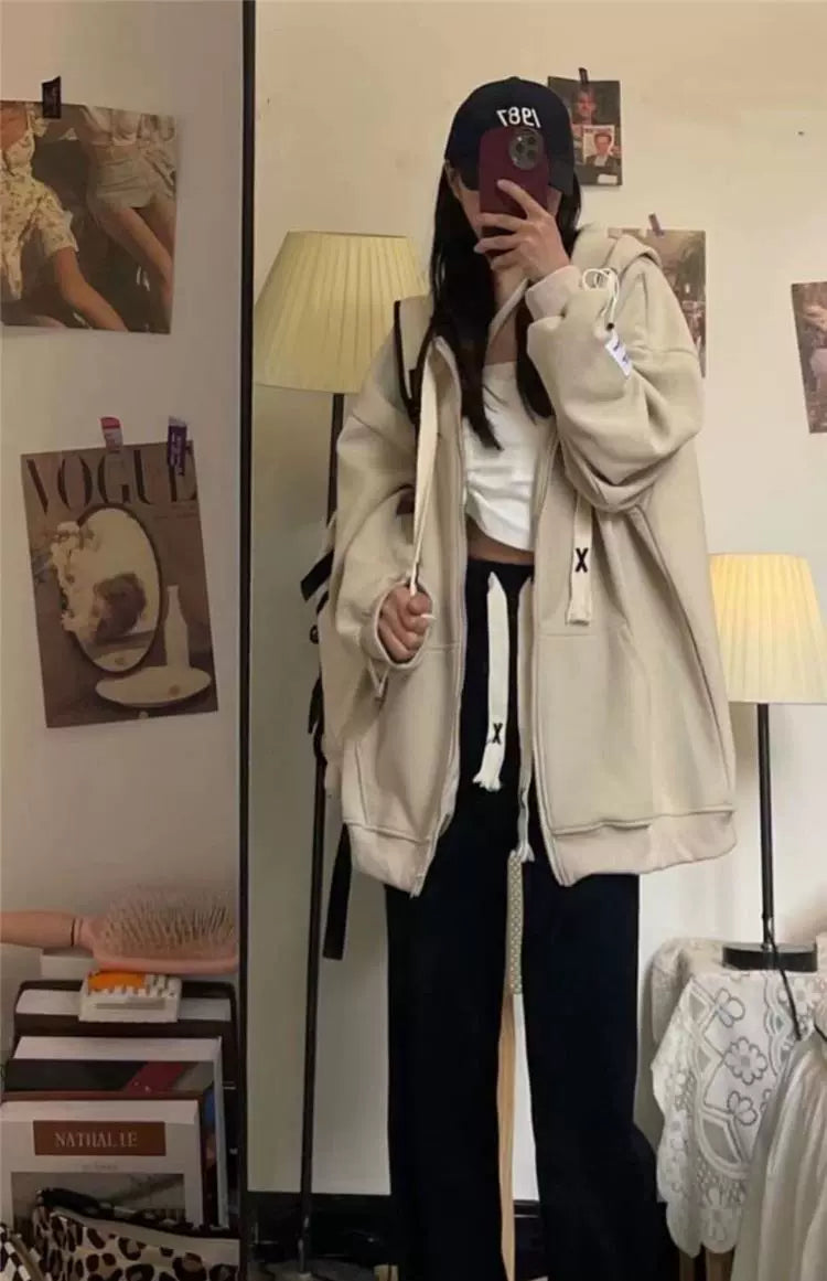 150.00kg Plus Size American Hooded Sweatshirt Female Plus Size Ladies Loose BF Idle Style Long-Sleeve Zipper Cardigan Outerwear Top