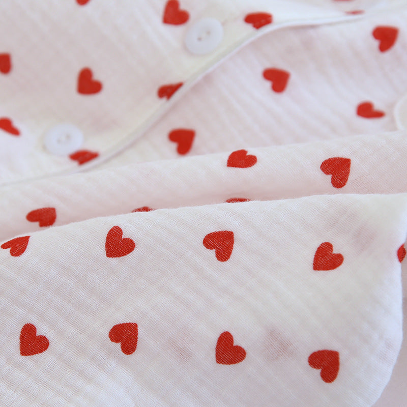 Summer Japanese Style Sweet Crepe Cotton Kimono Pajamas Lapel Cartoon Cute Printing Loose Loungewear Women 2 Piece Sleepwear