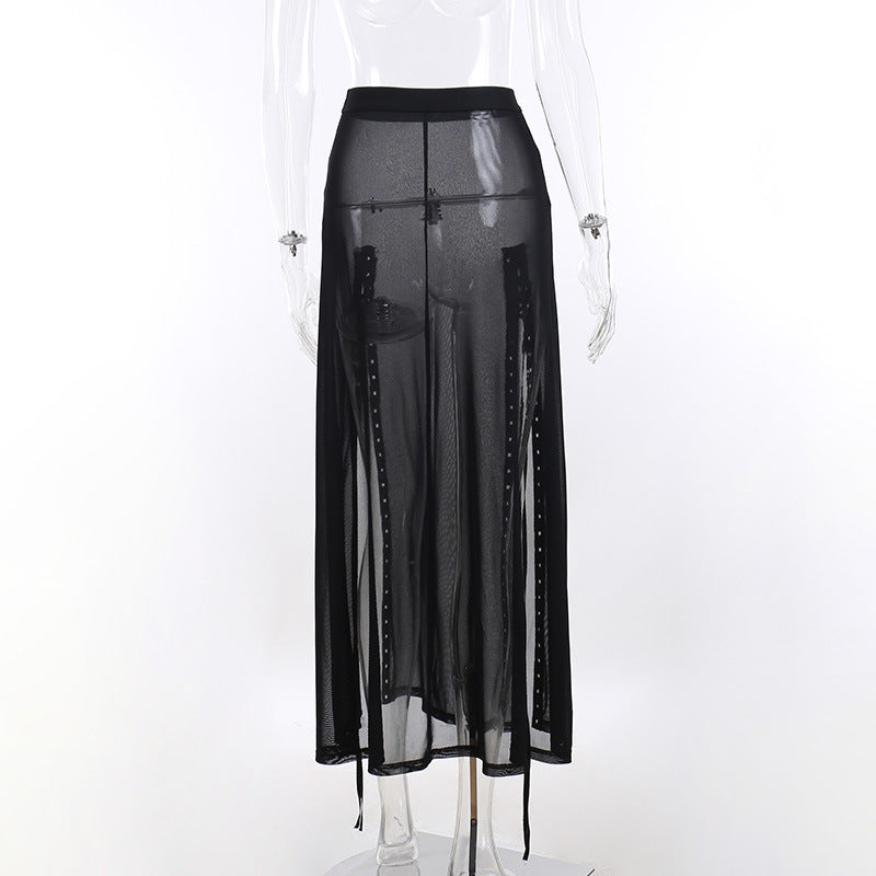 Yangelo Goth Grunge Skirt With Buckle Women Y2K Punk Sexy Bottoms Patchwork Split Long Skirts Summer Zipper See Through Clothes