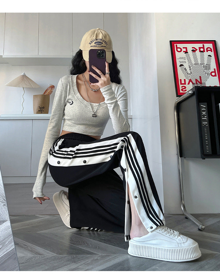 Y2K Style Wide Leg Pants for Women, Straight Trousers, High Street Casual, Loose Side Button Sweatpants, Vintage Streetwear,2021