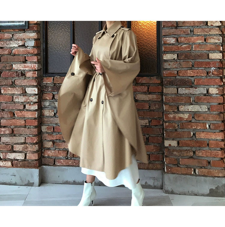 South Korea Genuine Goods Luxury Socialite Pure Color Double Breasted Lapel Lace-up Waist Cloak Shawl Long Trench Coat Large Nude Color Viralgem Store