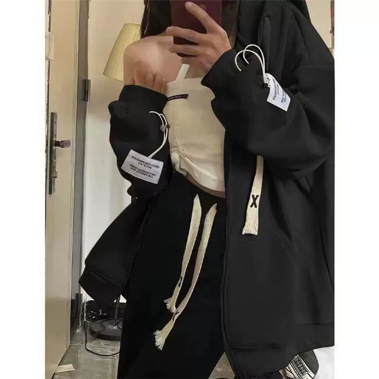 150.00kg Plus Size American Hooded Sweatshirt Female Plus Size Ladies Loose BF Idle Style Long-Sleeve Zipper Cardigan Outerwear Top