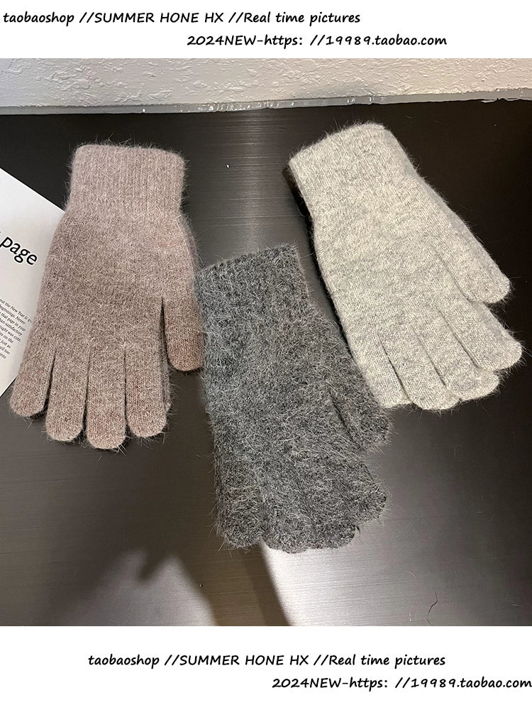 South Korea Ins Solid Color Cycling Gloves Student Cute Wild Cold-Proof Warm Finger Stuffed Knitted Gloves Female Winter