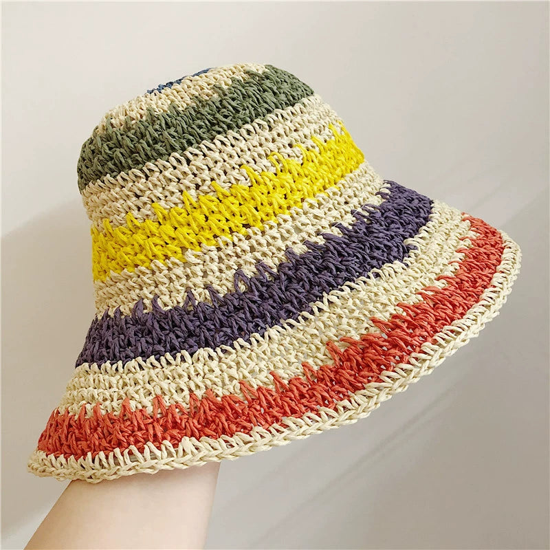 Women's Striped Sun Hat Summer Foldable Outing Straw Hat