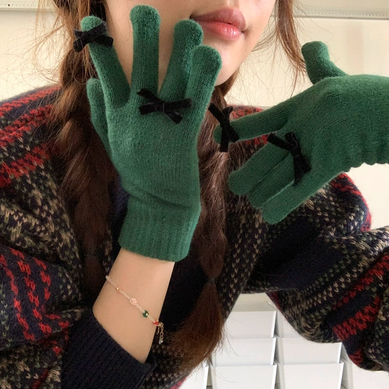South Korea Cute Ins Style Women's Five-Finger Gloves Bow