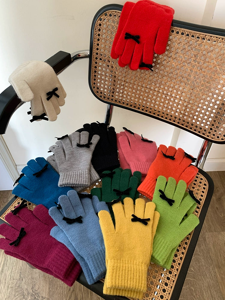South Korea Cute Ins Style Women's Five-Finger Gloves Bow