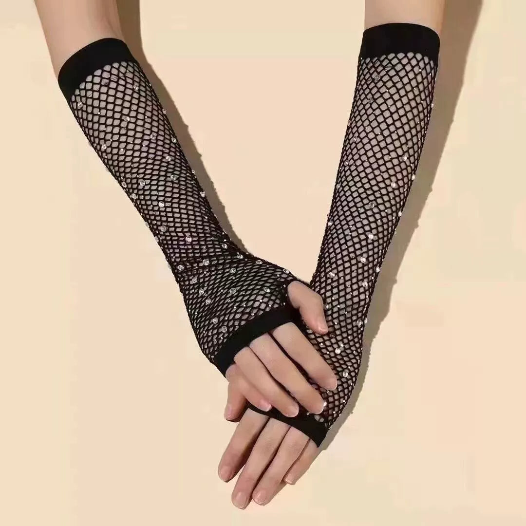 80 Ball Diamond Gloves Party Fishnet Stretch Mesh Gloves Fashion Retro Cross-Border Sexy Hot Drilling Sleeve Cover Viralgem Store