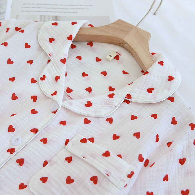 Summer Japanese Style Sweet Crepe Cotton Kimono Pajamas Lapel Cartoon Cute Printing Loose Loungewear Women 2 Piece Sleepwear