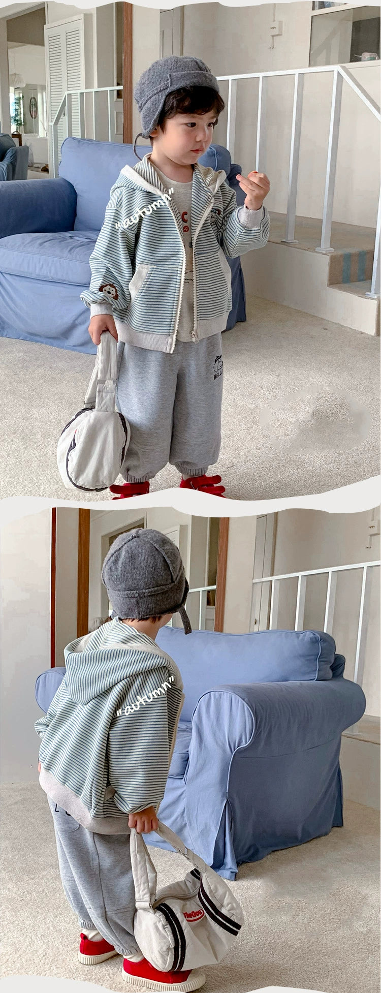 Stripes Knitting Hooded Spring and Autumn Pure Cotton Zipper Outwear