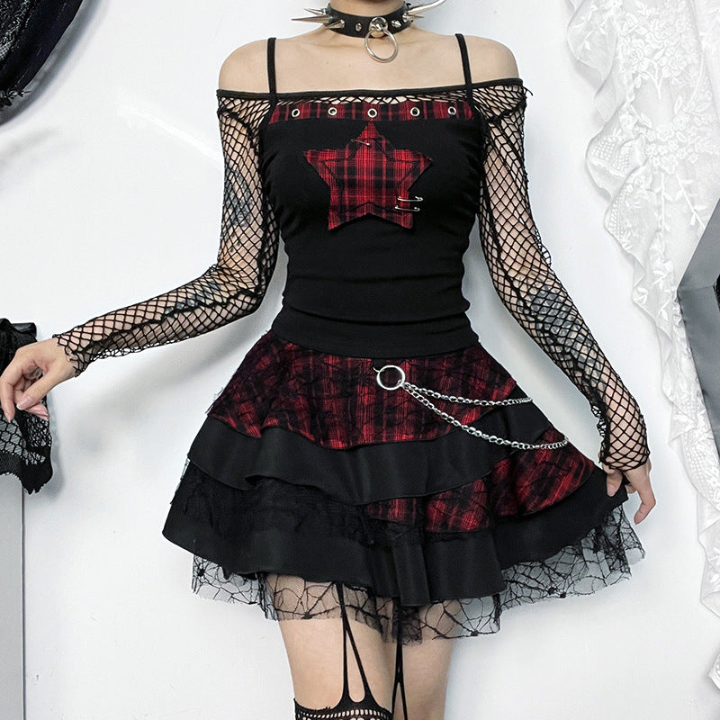 AltGoth Streetwear Y2k Camis Women Aesthetic Mall Goth Red Plaid Pentagram Patchwork Crop Tank Tops Harajuku Cyber Punk Clothes