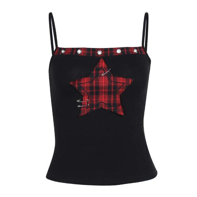 AltGoth Streetwear Y2k Camis Women Aesthetic Mall Goth Red Plaid Pentagram Patchwork Crop Tank Tops Harajuku Cyber Punk Clothes