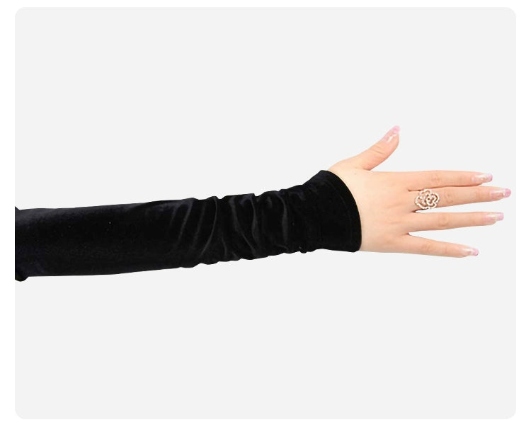Women's Velvet Open Finger Black Oversleeve Leather Gloves
