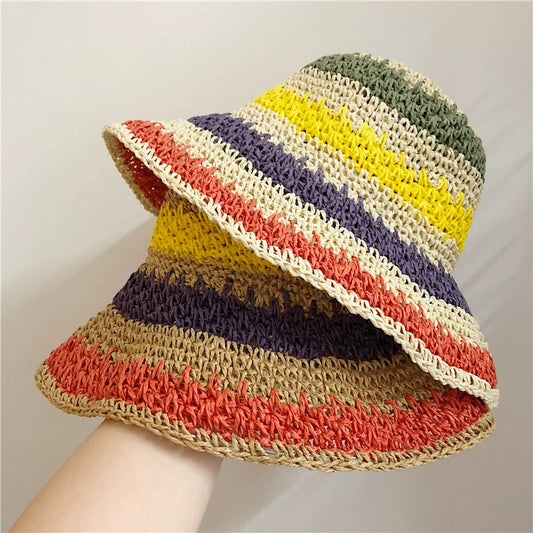 Women's Striped Sun Hat Summer Foldable Outing Straw Hat
