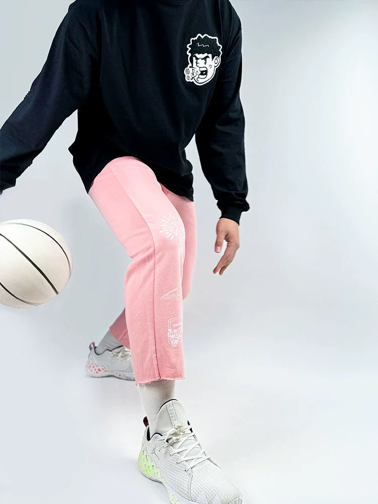 Swish the Ball in Hollow Ball Series American Straight-Leg Frayed Hem Knitting Sports Pants Men