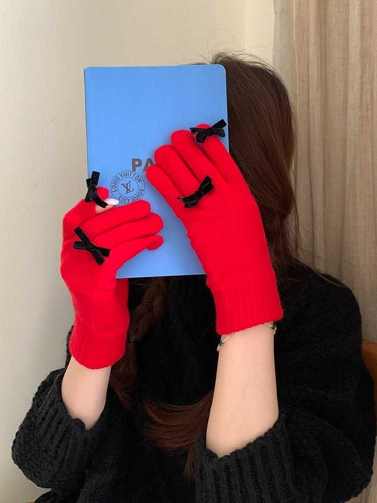 South Korea Cute Ins Style Women's Five-Finger Gloves Bow