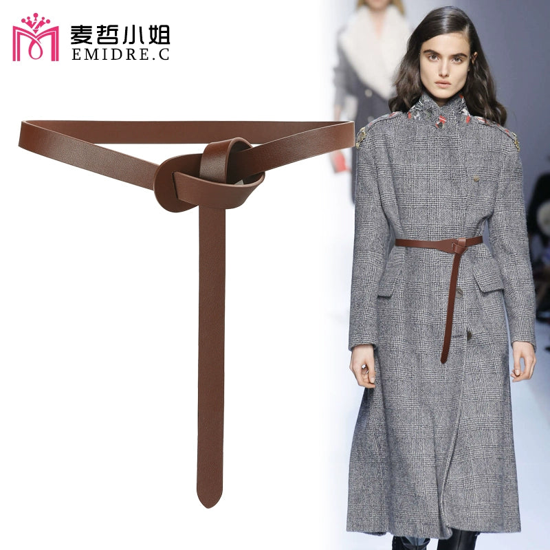 Women's Woolen Sweater Accessories Leather Coffee Color Lengthened Belt