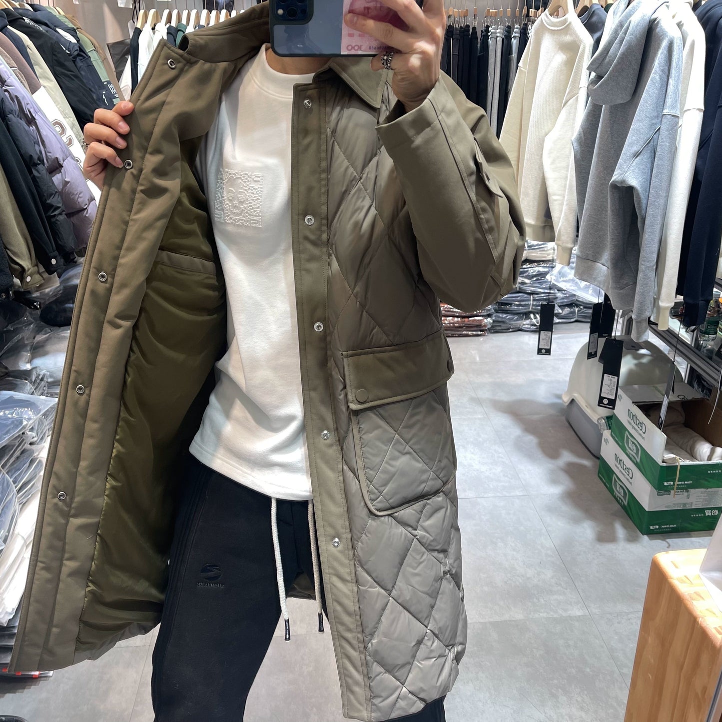 23 Winter Thickened New Duck down Diamond Lattice Mid Length Long Length Trench Coat down Jacket Trendy Loose Retro Warm Outwear Viralgem Store