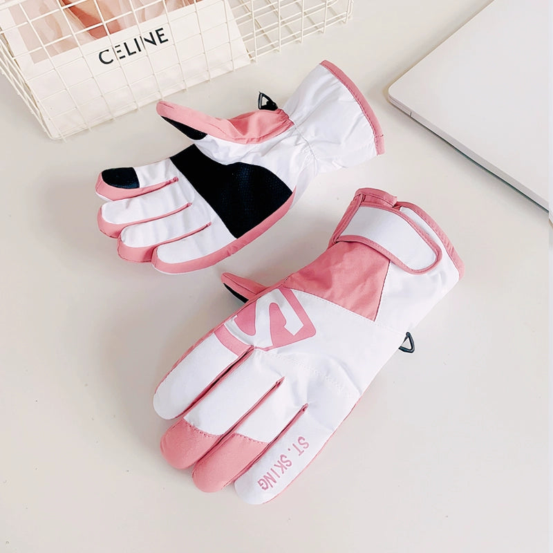 Waterproof Ski Gloves for Women Winter Fleece-Lined Thickened Cotton Students Warm-Keeping Cold-Proof Windproof Touch Screen Cycling Motorcycle Men