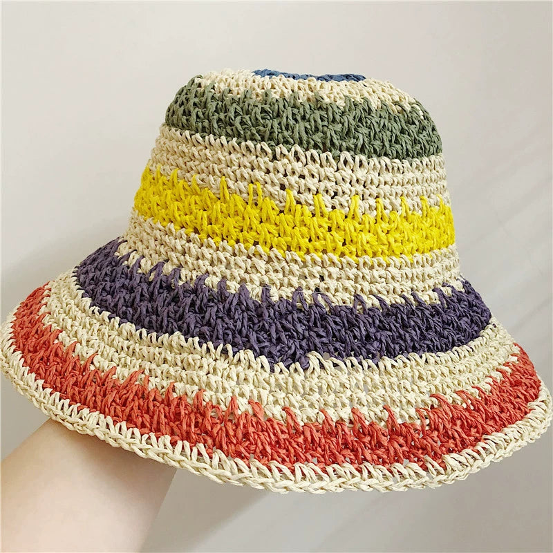 Women's Striped Sun Hat Summer Foldable Outing Straw Hat