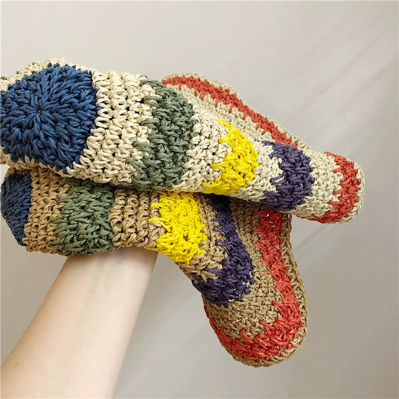 Women's Striped Sun Hat Summer Foldable Outing Straw Hat