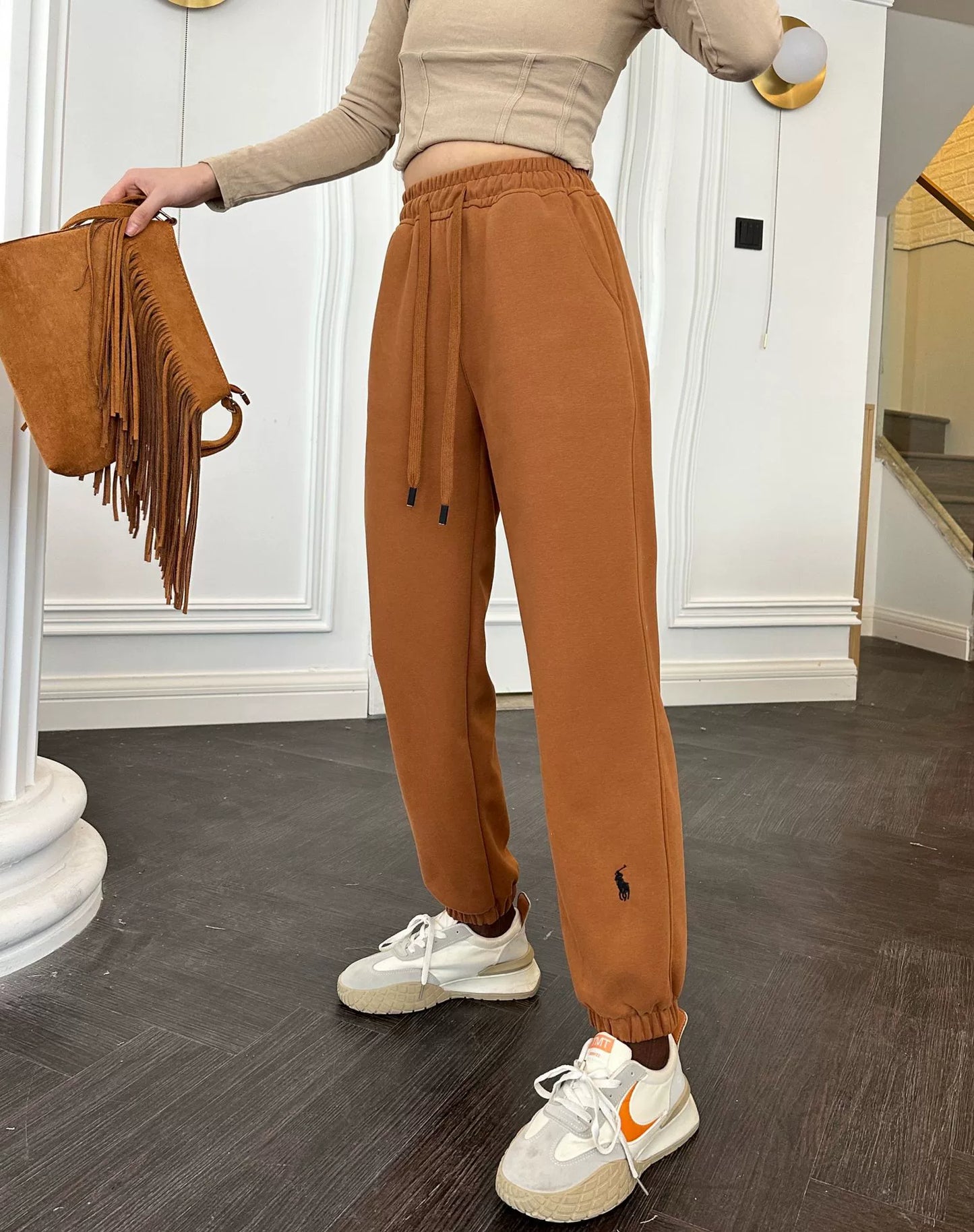 Spring & Fall New War Horse Embroider Cotton Drawstring Slimming Tappered Skinny Jeans Athleisure Women's White Lantern Pants Length High Waist Black Bathroom