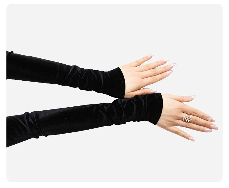 Women's Velvet Open Finger Black Oversleeve Leather Gloves