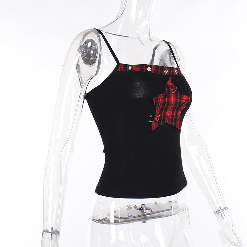 AltGoth Streetwear Y2k Camis Women Aesthetic Mall Goth Red Plaid Pentagram Patchwork Crop Tank Tops Harajuku Cyber Punk Clothes