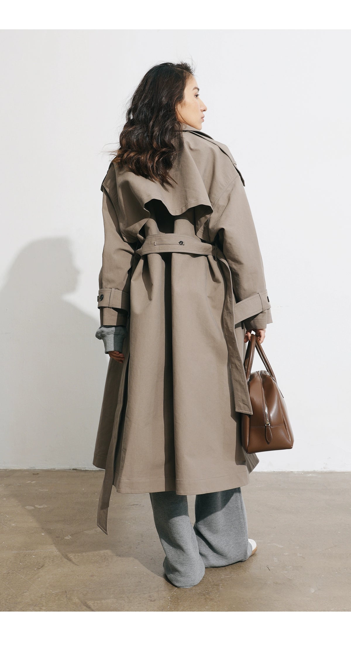 Women's Spring Clothing Fashion Gray Coffee Color Loose Shoulder Ins Style Minimalist Casual Very Wide Long Trench Coat