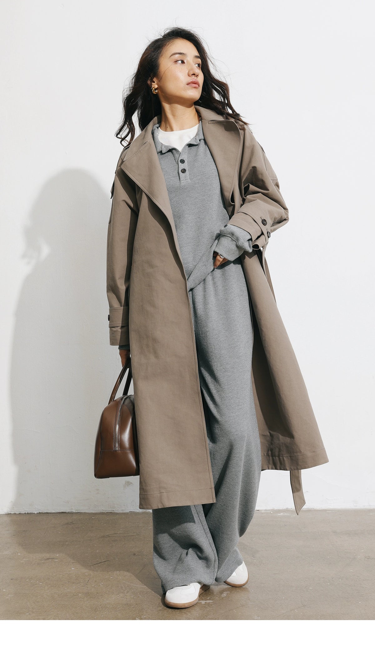 Women's Spring Clothing Fashion Gray Coffee Color Loose Shoulder Ins Style Minimalist Casual Very Wide Long Trench Coat