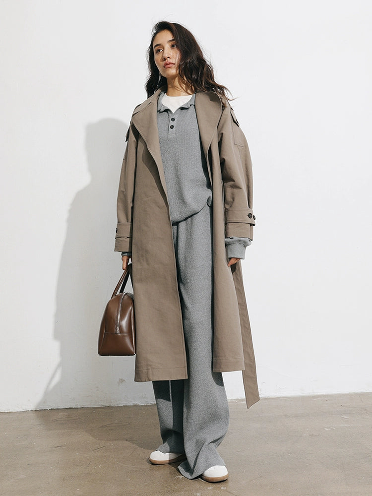 Women's Spring Clothing Fashion Gray Coffee Color Loose Shoulder Ins Style Minimalist Casual Very Wide Long Trench Coat
