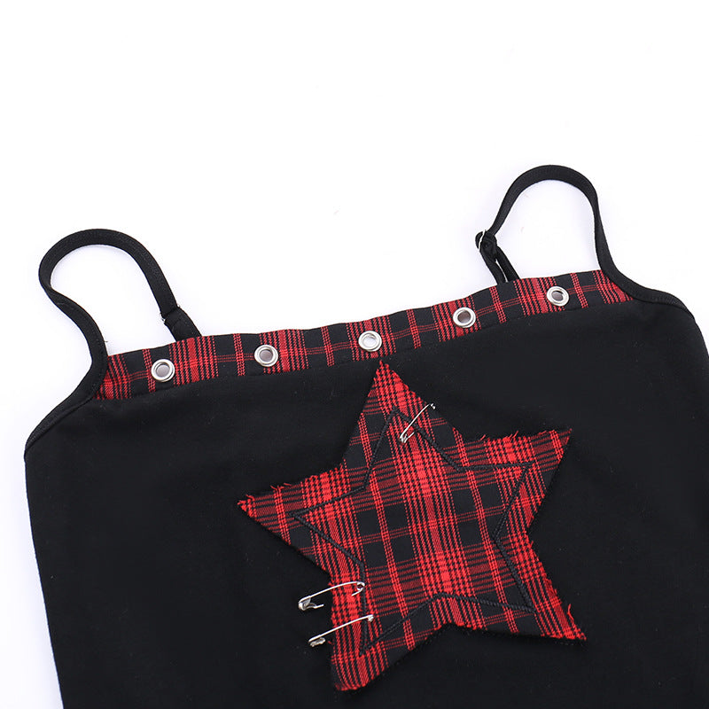 AltGoth Streetwear Y2k Camis Women Aesthetic Mall Goth Red Plaid Pentagram Patchwork Crop Tank Tops Harajuku Cyber Punk Clothes