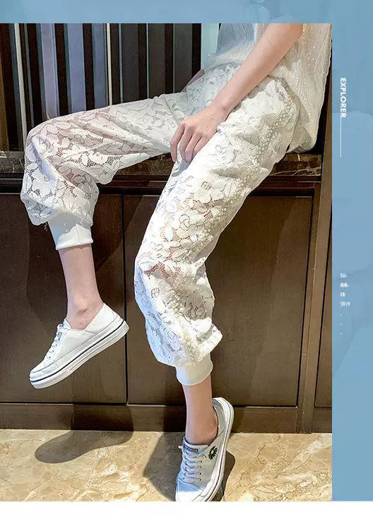 150.00kg Plus Size Heavy Industry Beaded Lace Casual Pants Plus Size Ladies Loose Fashion Thin Hollow Crochet Sports Pants