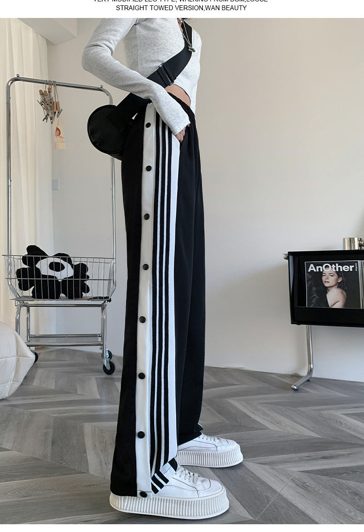 Y2K Style Wide Leg Pants for Women, Straight Trousers, High Street Casual, Loose Side Button Sweatpants, Vintage Streetwear,2021