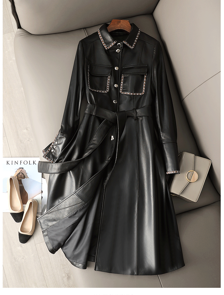 2024 Spring & Fall New Arrival Elegant Large Skirt Sheepskin Genuine Leather Clothes Mid Length Long Length Trench Coat Outwear Female Silm European Goods Viralgem Store