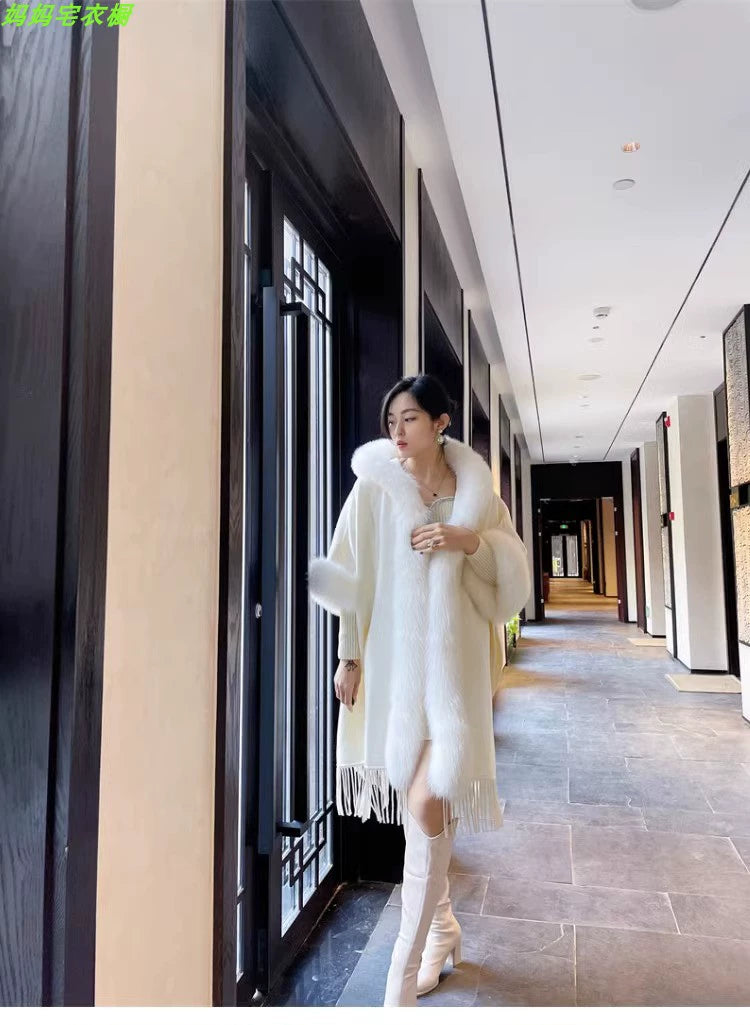 Thickened All-Matching Double-Sided Hooded Large Fur Collar Cape and Shawl