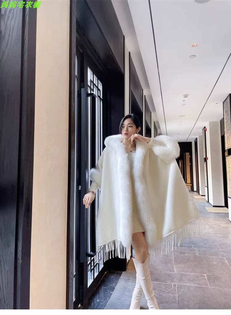 Thickened All-Matching Double-Sided Hooded Large Fur Collar Cape and Shawl