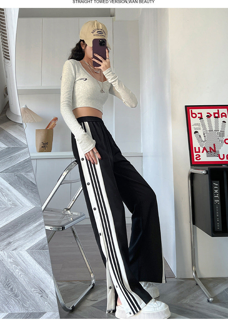 Y2K Style Wide Leg Pants for Women, Straight Trousers, High Street Casual, Loose Side Button Sweatpants, Vintage Streetwear,2021