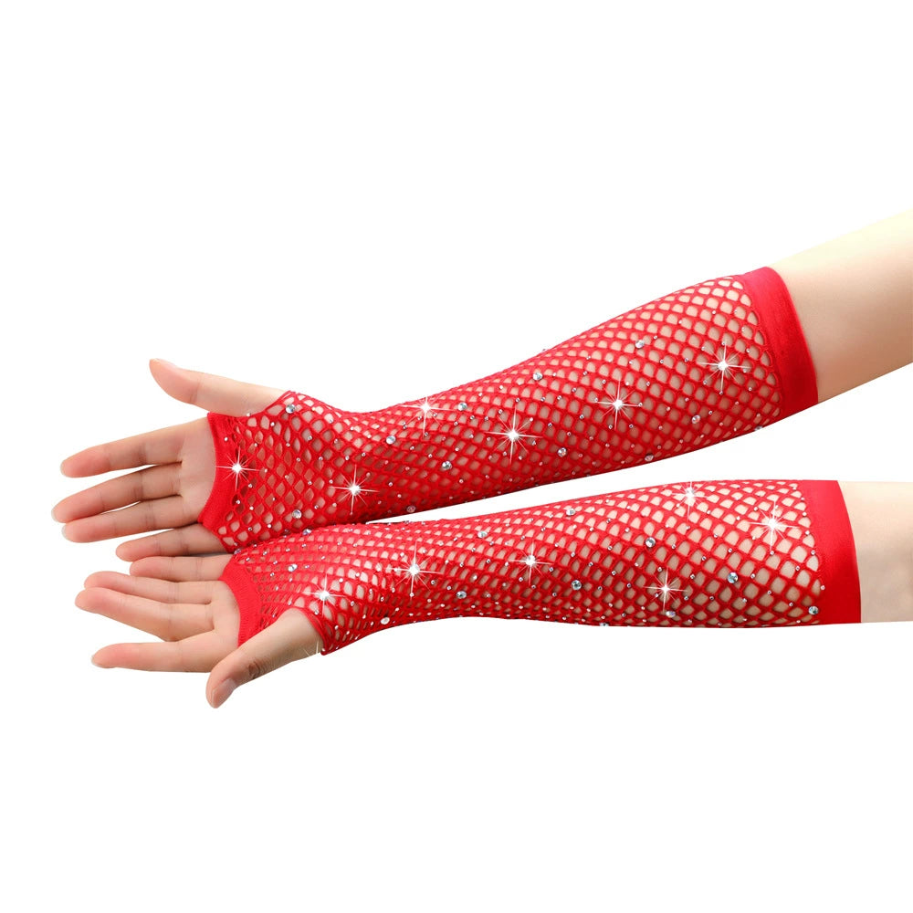 80 Ball Diamond Gloves Party Fishnet Stretch Mesh Gloves Fashion Retro Cross-Border Sexy Hot Drilling Sleeve Cover Viralgem Store