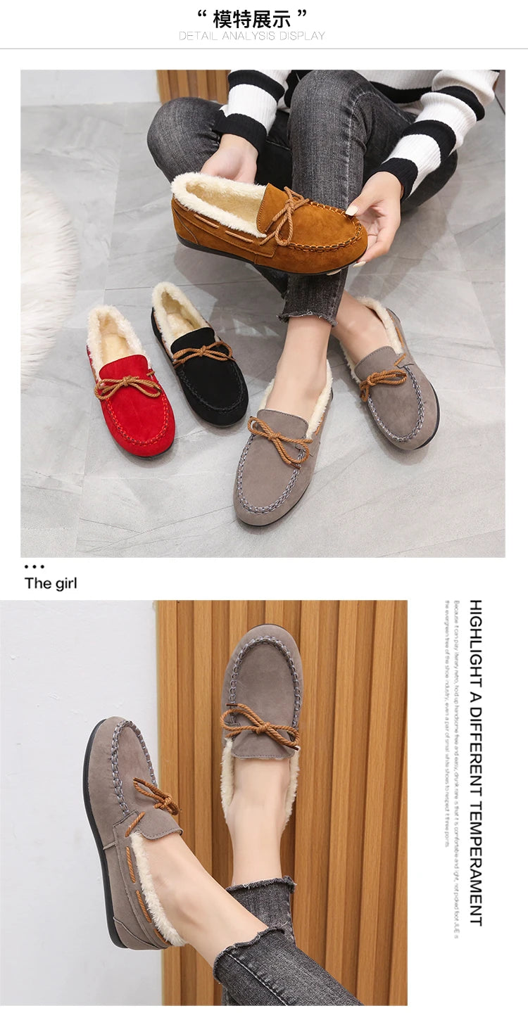 2023 autumn and winter new Doudou shoes women plus cashmere warm bow Korean version of casual shallow mouth flat lazy cotton sho